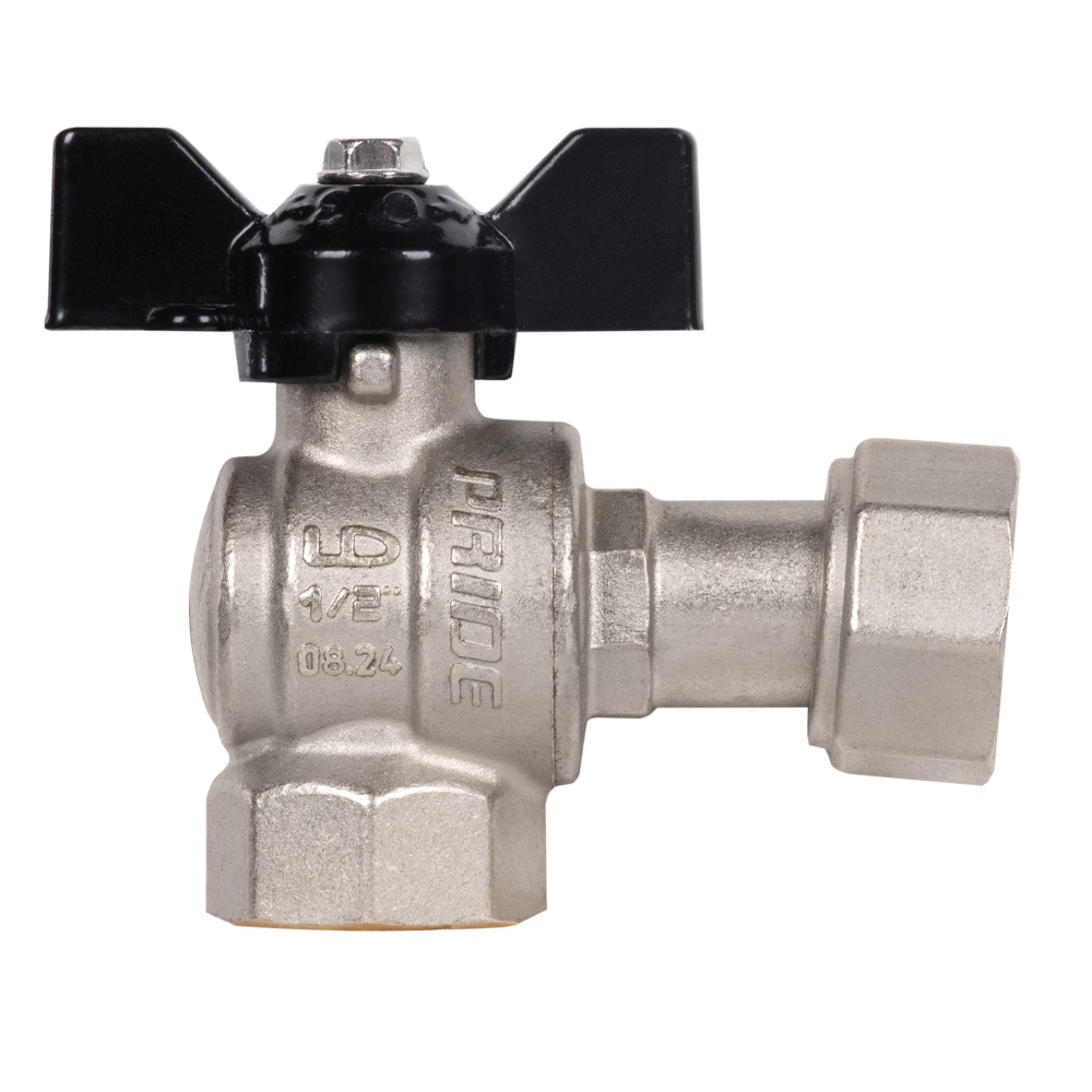 Кран шаровой латунный LD Pride 47.15.В-НкГк.У.Б Ду15 Ру40 угловой, с накидной гайкой (бабочка)