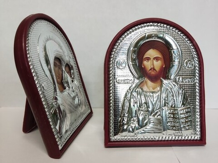 Икона настольная с подставкой из пластика, гальваника: Господь и Казанская (Народный Промысел)