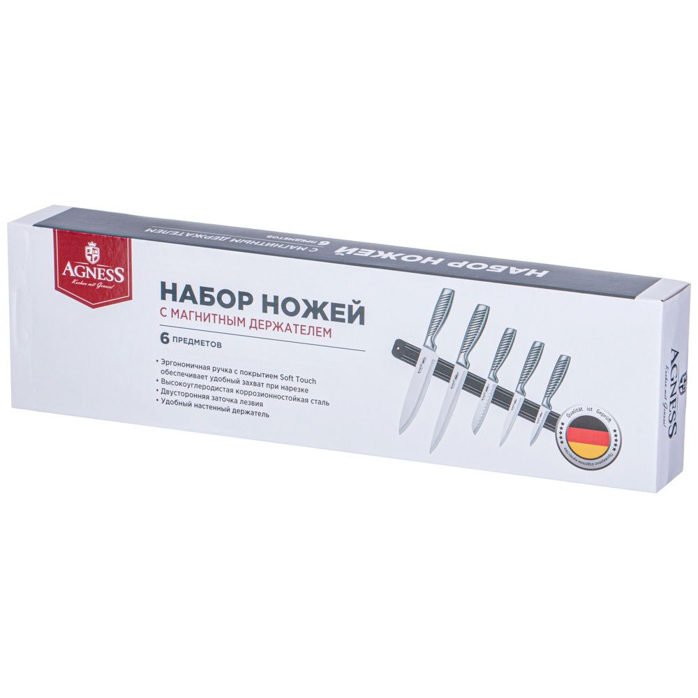 НАБОР НОЖЕЙ AGNESS 6 ПР.С МАГНИТНЫМ ДЕРЖАТЕЛЕМ И РУЧКОЙ ИЗ НЕРЖ.СТАЛИ