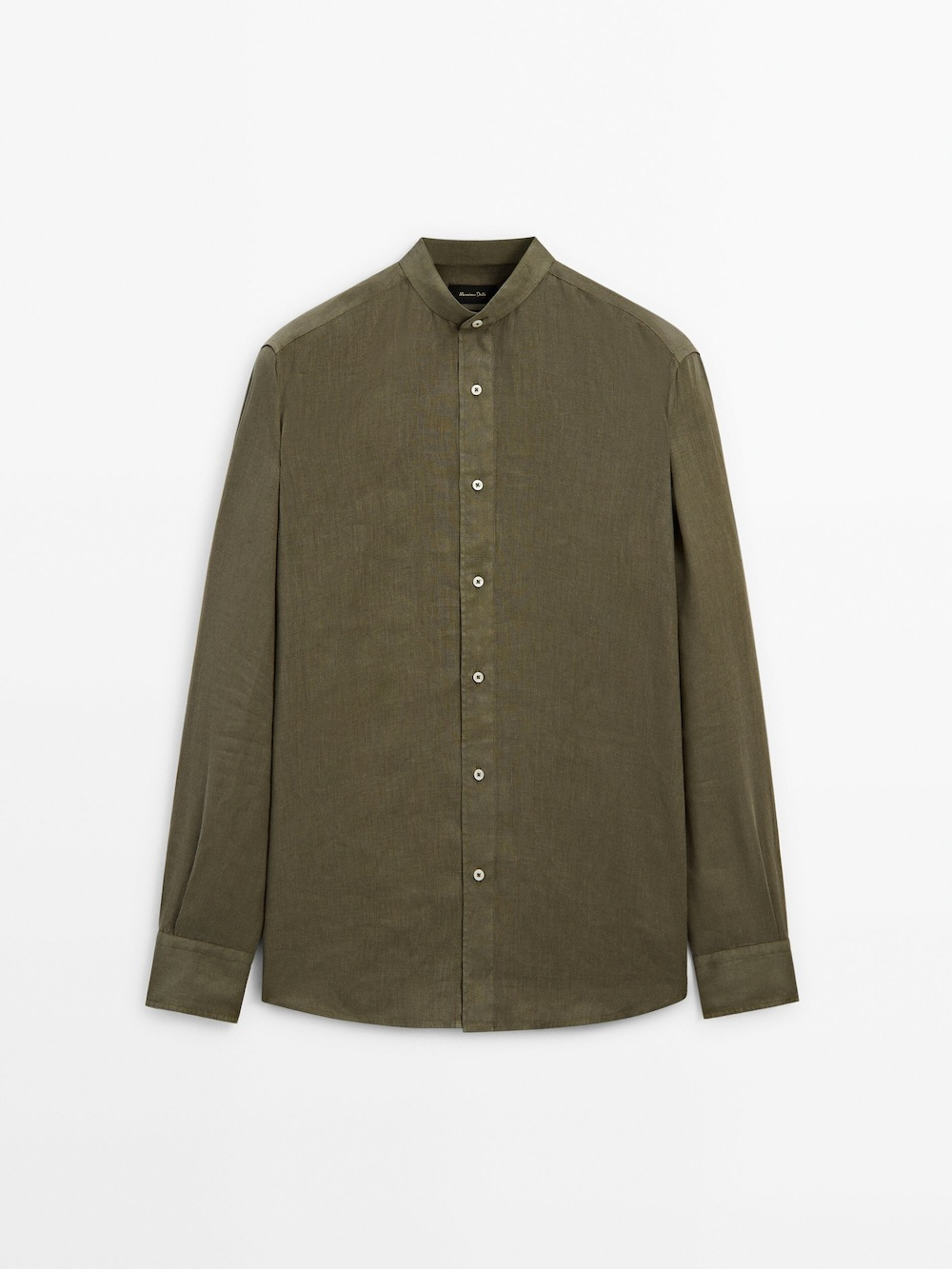 Massimo Dutti Льняная рубашка классического кроя с воротником-стойкой,  зеленый