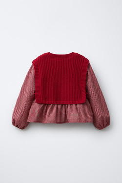 ZARA ВЯЗАНЫЙ ЖИЛЕТ ИЗ ШЕРСТИ С ВЫШИТОЙ РУБАШКОЙ, ТЕМНО-РОЗОВЫЙ