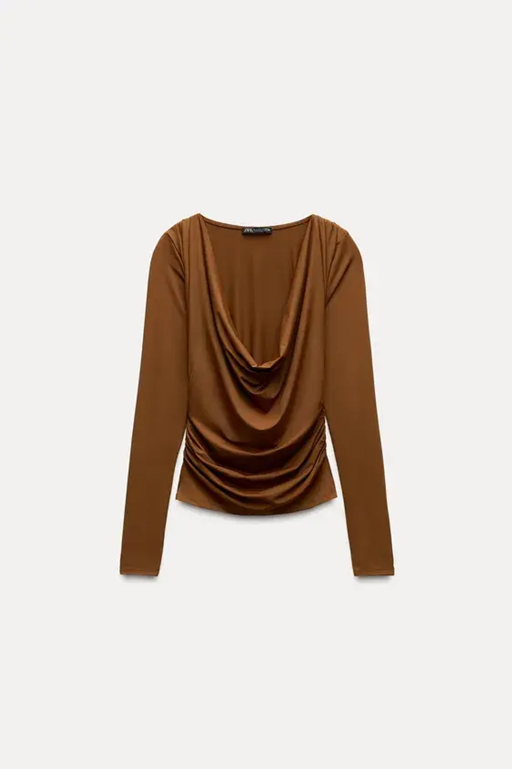 ZARA ТОП ИЗ ПОЛИАМИДА СО СБОРКАМИ, СВЕТЛО-КОРИЧНЕВЫЙ