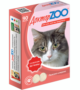 Доктор Зоо для кошек со вкусом ветчины и биотином 90таб.