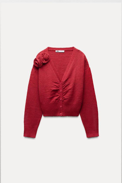 ZARA КАРДИГАН С ЦВЕТОЧНЫМ УЗОРОМ, КРАСНЫЙ