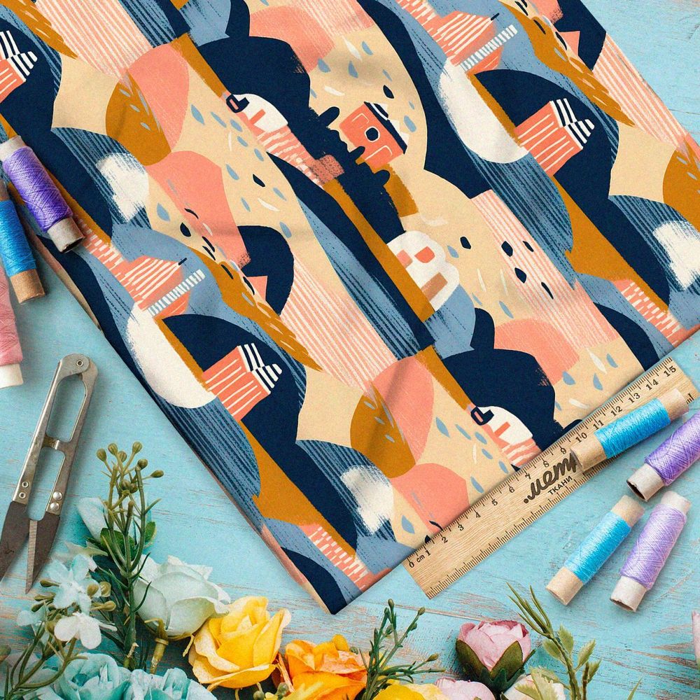 Ткань премиум шифон городской коллаж