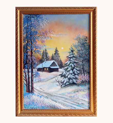 Картина " Зимовка" рисованная уральскими минералами 42-57-2.5см