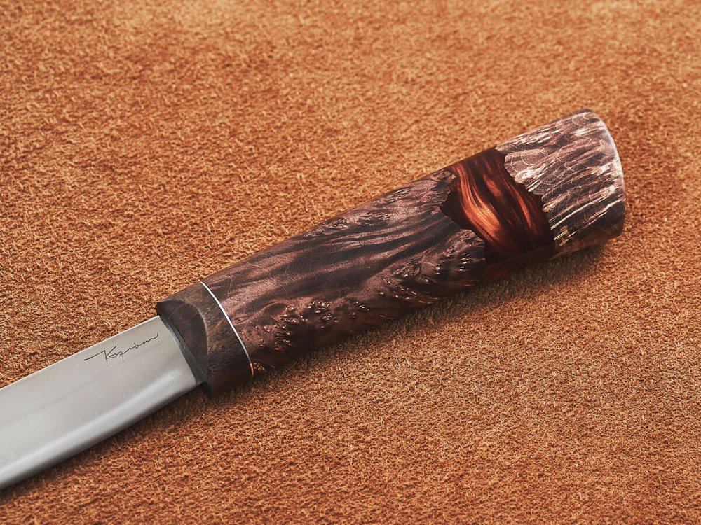 Якутский нож "Амга", сталь Х12МФ, рукоять коричневая стабилизированная карельская береза / акрил агат