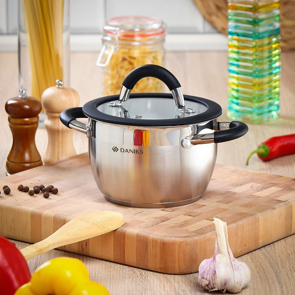 Кастрюля нерж, 1.9 л, с крыш, крышка стекло, Daniks, Орландо, GS-01435-16CA, серебр, индукц