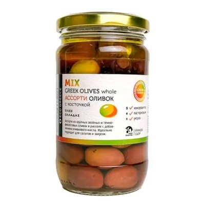 Микс греческих оливок с косточкой в рассоле, EcoGreece, 350 г