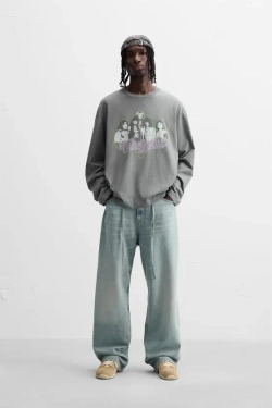 ZARA ФУТБОЛКА С ЭФФЕКТОМ ПОТЕРТОСТИ И ПРИНТОМ AEROSMITH ©, ТЕМНЫЙ АНТРАЦИТ