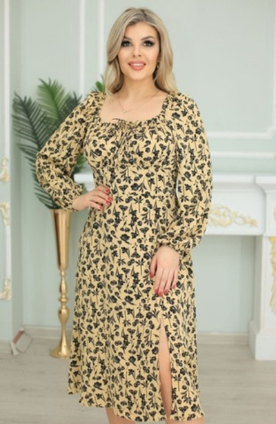 Платье женское тонкое весеннее атлас принт разрез с разрезом миди большой размер крестьянка 46 M М бежевое горчичное горчица цветы рисунок в цветочек