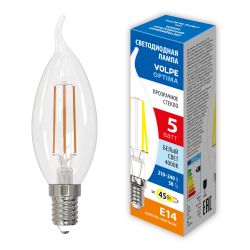 LED-CW35-5W-4000K-E14-CL-SLF Лампа светодиодная. Форма свеча на ветру. прозрачная. Белый свет 4000К. ТМ Volpe