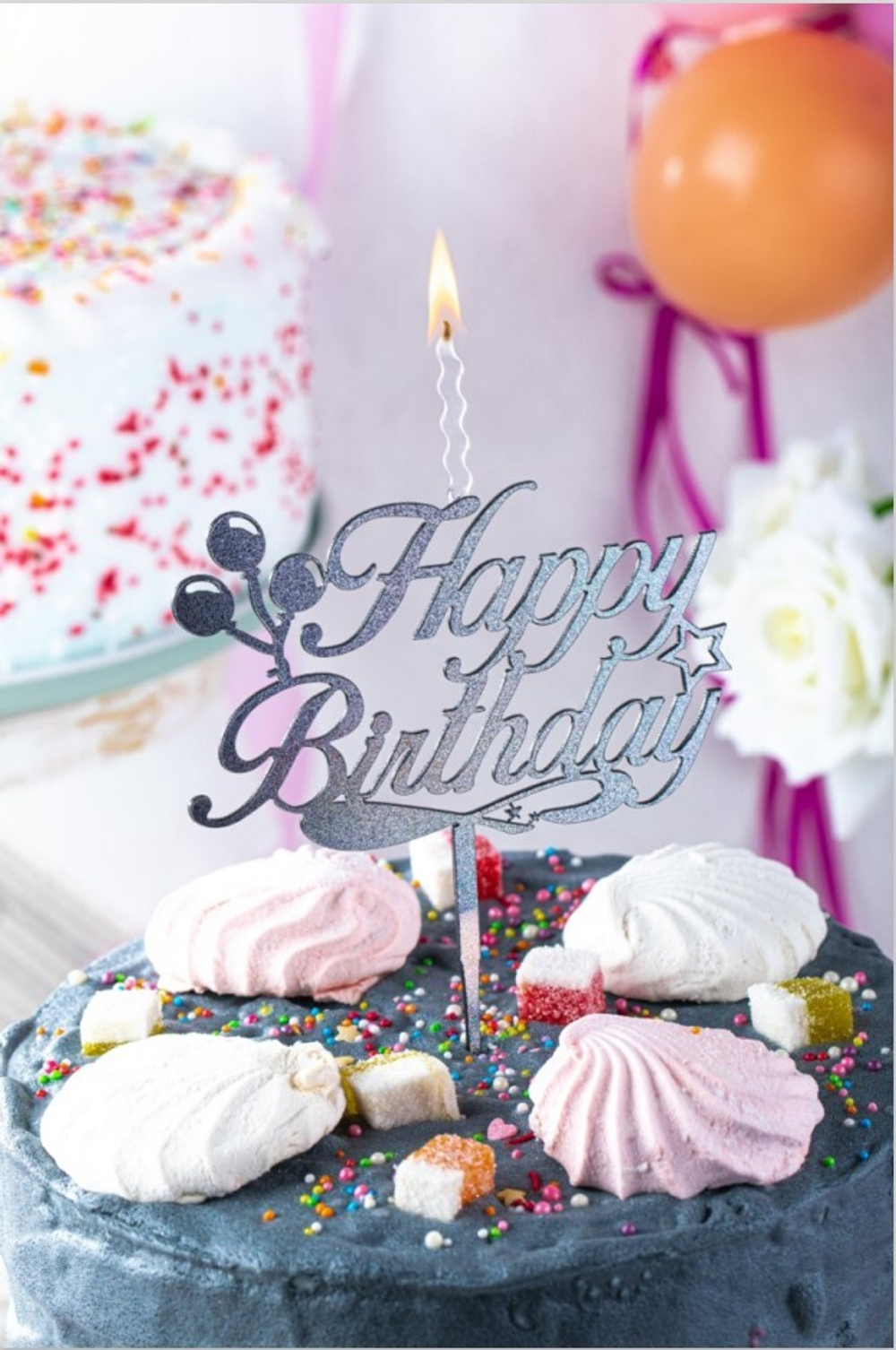 Топпер-Свеча "Серебряная - Happy Birthday, шары", 11 см