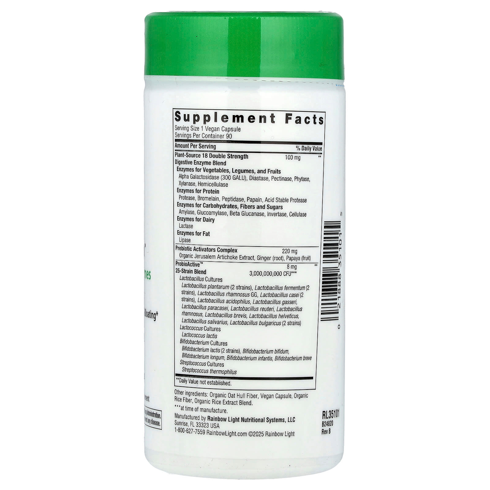 Rainbow Light, All-Zyme™, ферменты растительного происхождения и пробиотики, 90 веганских капсул
