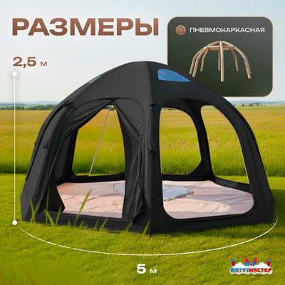 Пневмокаркасная юрта «Гармония» 5×5×2,5 м — для глэмпинга из ПВХ, чёрная
