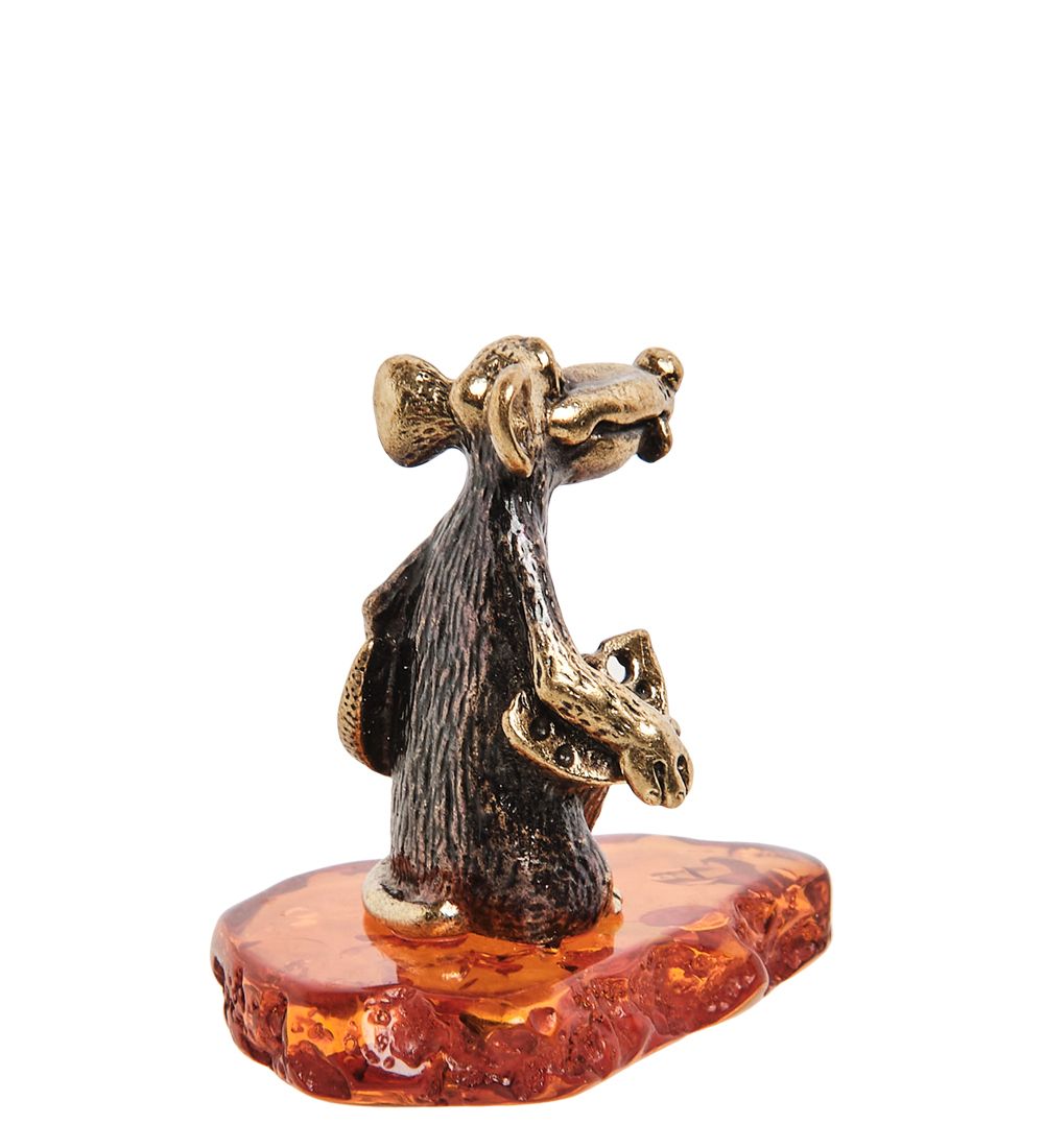 AM- 398 Фигурка «Крыса с сыром» (латунь, янтарь)