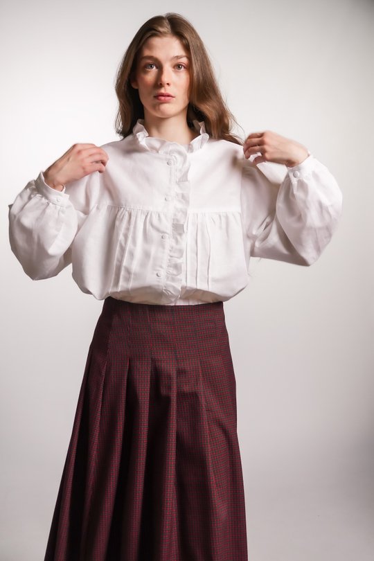 Блузка с рюшами и воротником-стоечкой из смесового льна, Айвори