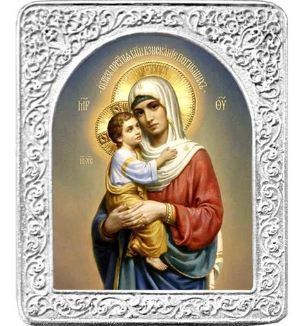 Взыскание погибших. Маленькая икона Божьей Матери в серебряной раме 4,5 х 5,5 см.