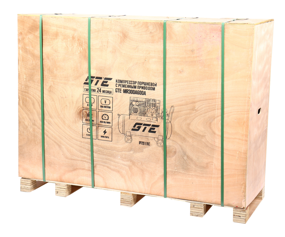 Компрессор пневматический 380В 5.5кВт 8атм. 600л/мин. ресивер-300л поршн. ремен. одноступенчатый GTE
