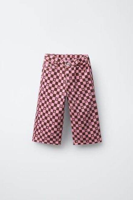 ZARA БРЮКИ ИЗ ТВИНА В ШАХМАТНУЮ КЛЕТКУ, РОЗОВЫЙ