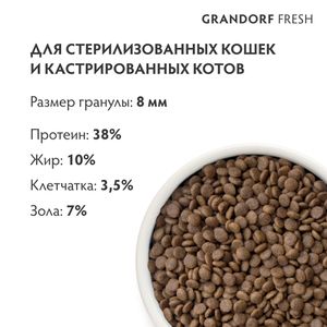 Сухой корм GRANDORF Fresh Cat STERILISED Turkey&Sweet Potato для стерилизованных кошек из свежего мяса индейки с бататом