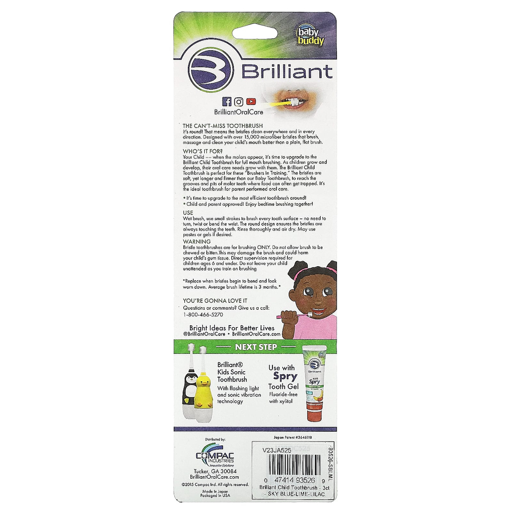 Baby Buddy, Brilliant, детская зубная щетка, для детей 2–5 лет, синий, желтый, фиолетовый, 3 зубные щетки