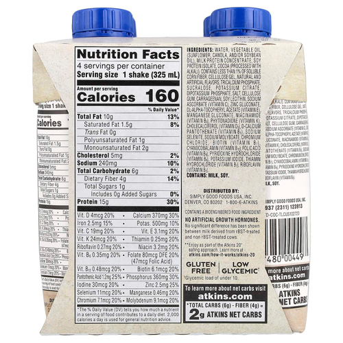 Atkins, Насыщенный протеином коктейль, сливочный шоколад и кокос, 4 коктейля, по 325 мл (11 жидк. унц.)