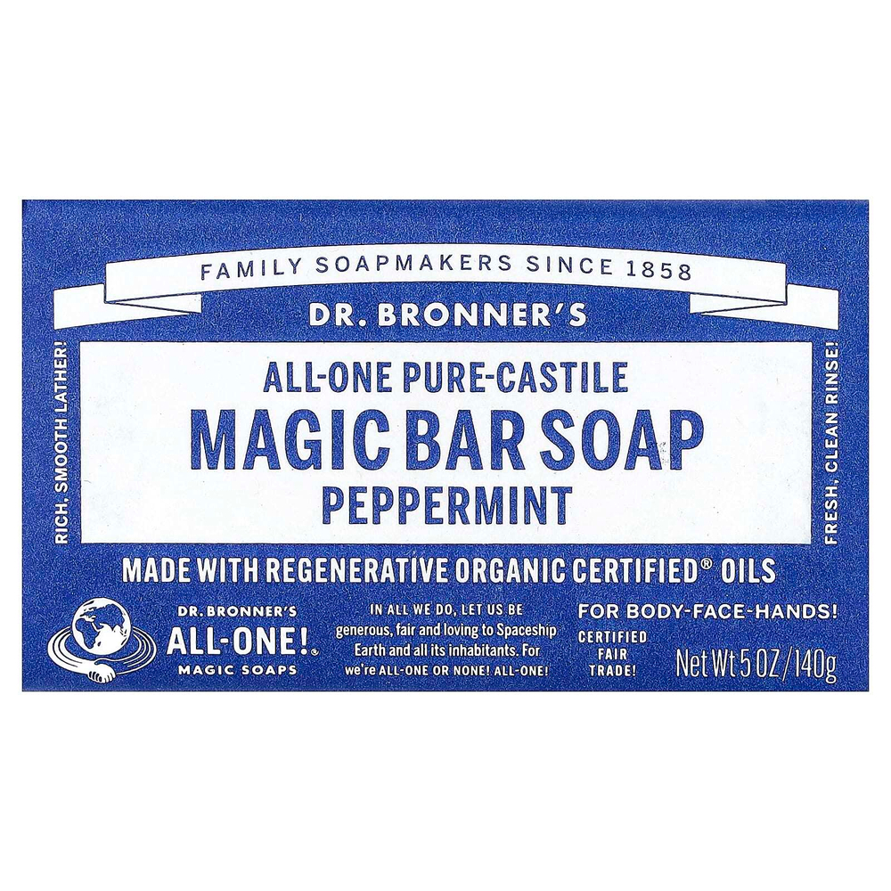 Dr. Bronner's, All-One Pure-Castile Magic кусковое мыло, перечная мята, 140 г (5 унций)