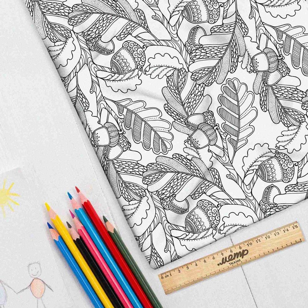 Ткань атлас дубовые силуэты и желуди