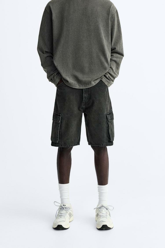 ZARA ДЖИНСОВЫЕ ШОРТЫ-КАРГО-БЕРМУДЫ, ЧЕРНЫЙ