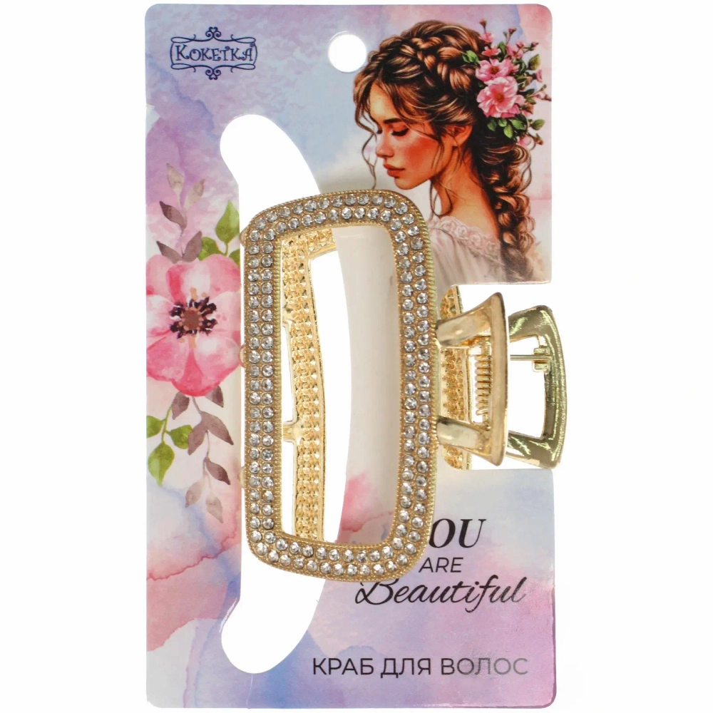 Заколка-краб для волос «AKS - DesignPRO», стразы, прямоугольник, цвет золото и хром, 5*3,8см