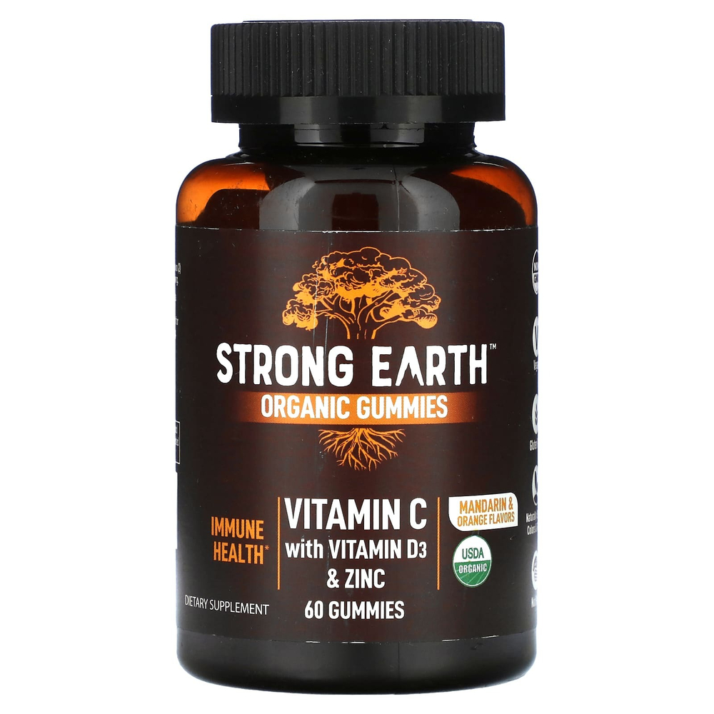 YumVs, Органические жевательные мармеладки Strong Earth, витамин C с витамином D3 и цинком, мандарин и апельсин, 60 жевательных мармеладок