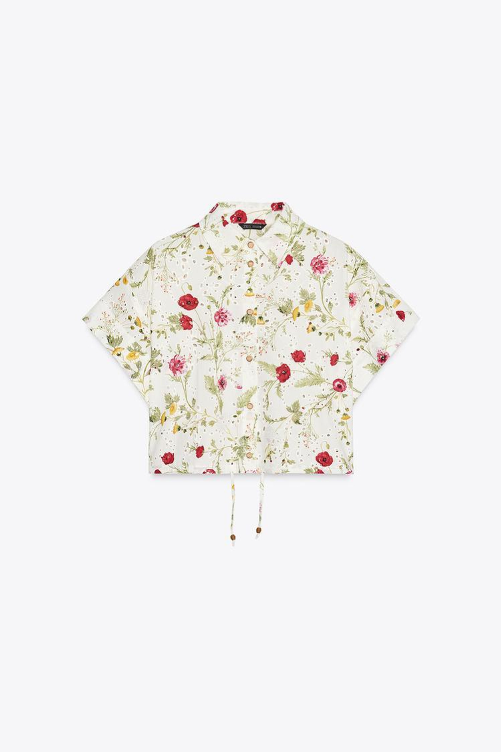 ZARA РУБАШКА ИЗ ТКАНИ С ПРИНТОМ С АЖУРНОЙ ВЫШИВКОЙ, ЭКРЮ/КРАСНЫЙ