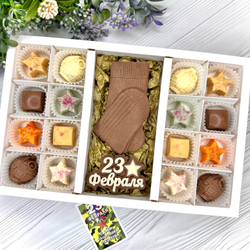 Шоколадный набор "С 23 февраля. Мужские носки": 2 шоколадки и 16 конфет ручной работы