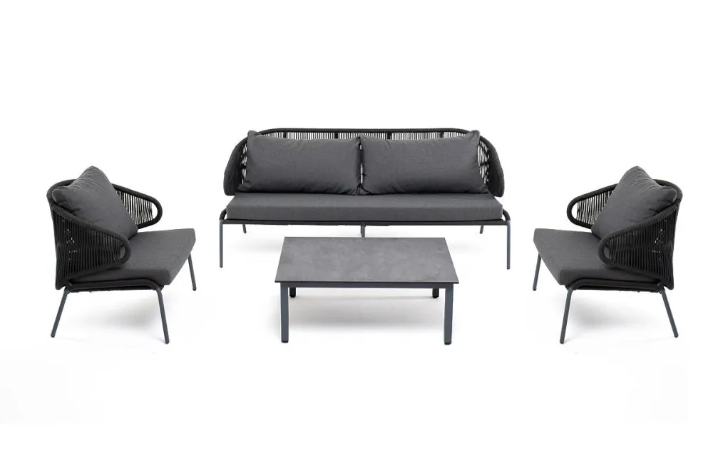 "Милан" лаунж-зона 5-местная плетеная из роупа (веревки), каркас алюминиевый серый, роуп темно-серый