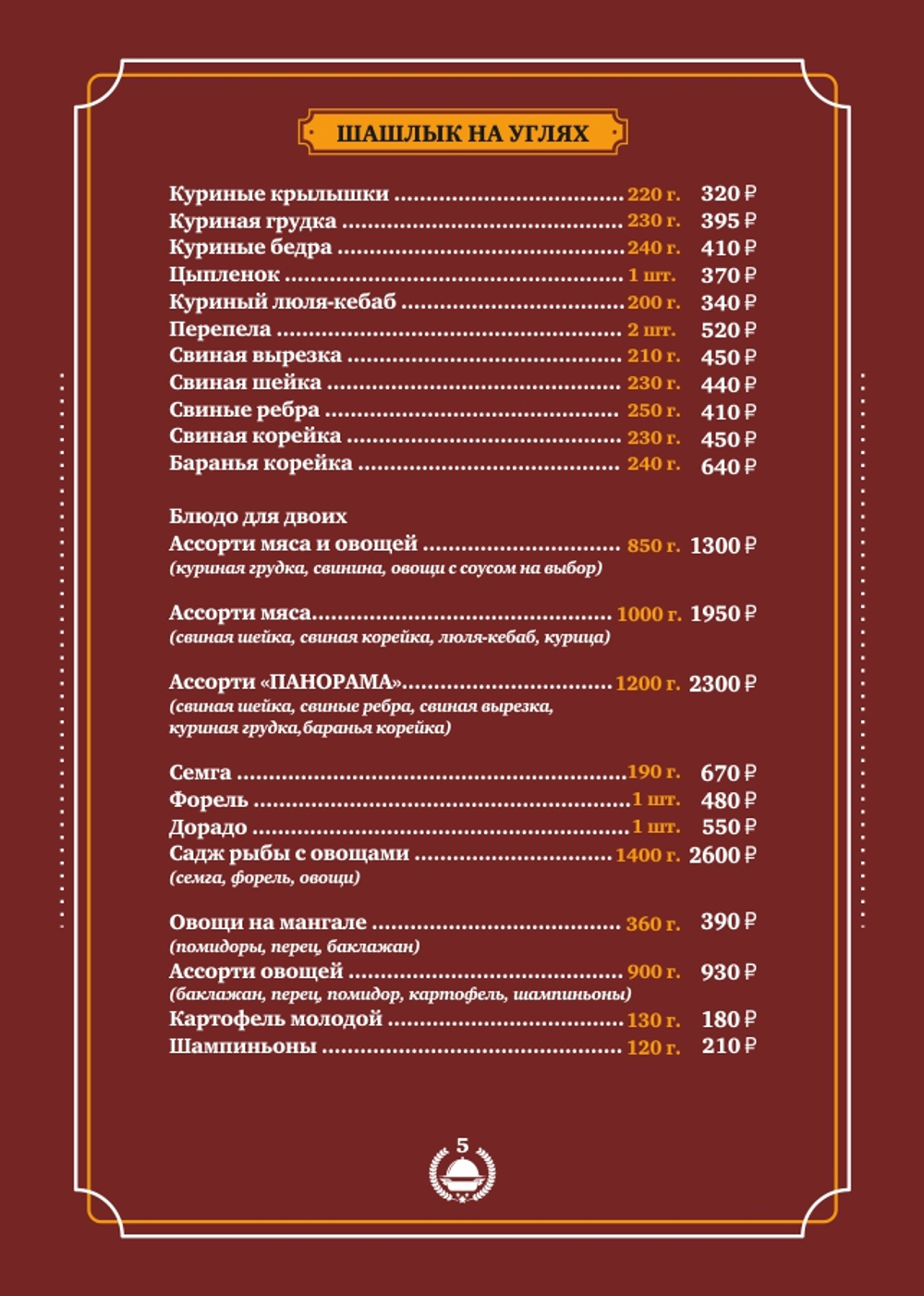 Меню кафе "Панорама"