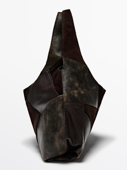 Massimo Dutti Средняя сумка из замши в стиле пэчворк, коричневый