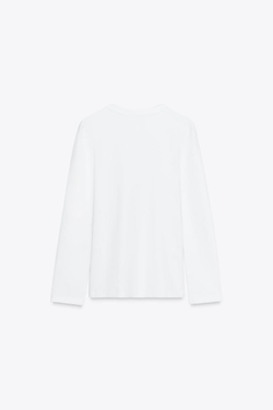 ZARA ФУТБОЛКА INTERLOCK С ДЛИННЫМИ РУКАВАМИ, БЕЛЫЙ