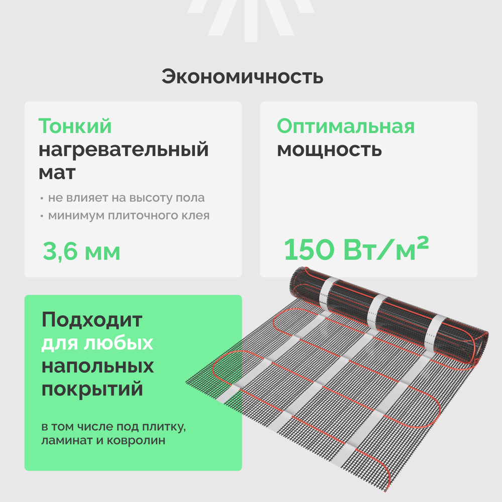 Теплый пол EWRIKA MAT EWR 150-5 самоклеящийся, под плитку, под паркетную доску с терморегулятором ТЕП91Ч черным, сенсорным