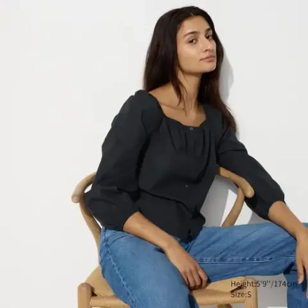 UNIQLO БЛУЗКА ИЗ ХЛОПКА, ЧЕРНЫЙ