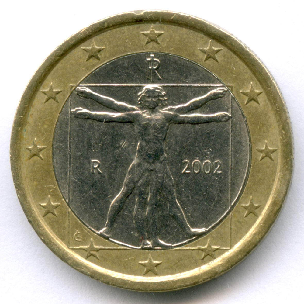 1 евро 2002 год. Италия. Регулярный выпуск. Тип 1. Биметалл XF