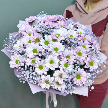 Букет из 9 хризантем "KENNEDY ROSY" и сиреневой гипсофилой