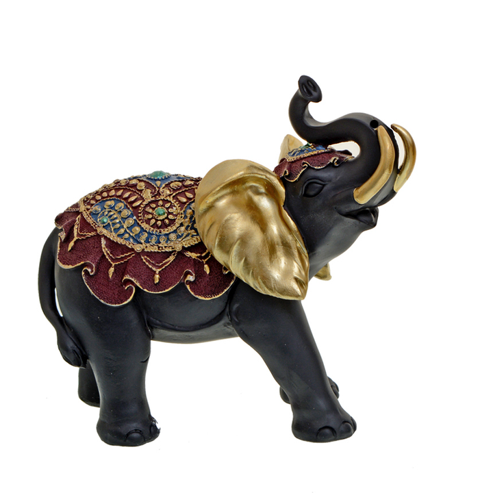 Статуэтка Слон черный в попоне смотрит вправо, уши золотистые, полистоун 20 см