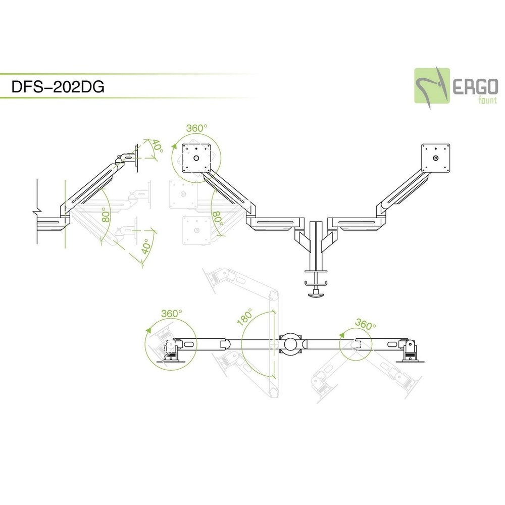 ErgoFount DFS-202DG Настольное крепление для 2 мониторов диагональю до 24'' с шарнирными двухколенными вылетами, газово-пружинными амортизаторами и струбциной к столу типа "G". Цвет - серебристый
