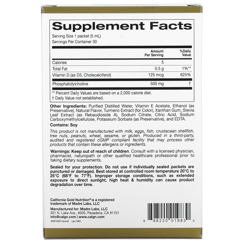 California Gold Nutrition, липосомальный витамин D3, 125 мкг (5000 МЕ), 30 пакетиков по 5 мл