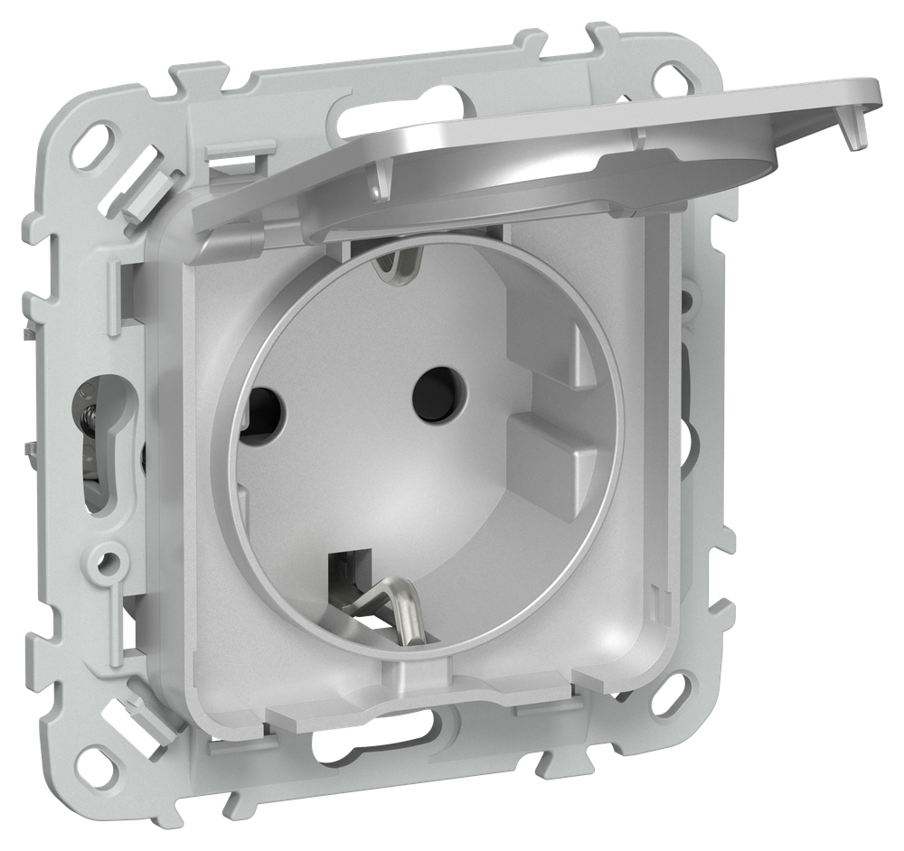 FLITE Розетка с заземлением с защитными шторками и крышкой 16А IP44 РСшкр11-0-44-ФлА алюминий IEK