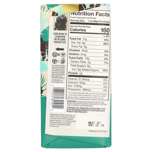 Endangered Species Chocolate, Овсяное молоко, рисовые чипсы + темный шоколад, 55% какао, 3 унции (85 г)