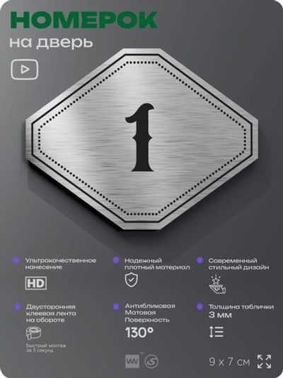 Номерок на дверь квартиры 1, для кабинета, офиса, шильдик 9 х 7 см, серебристый, Айдентика Технолоджи