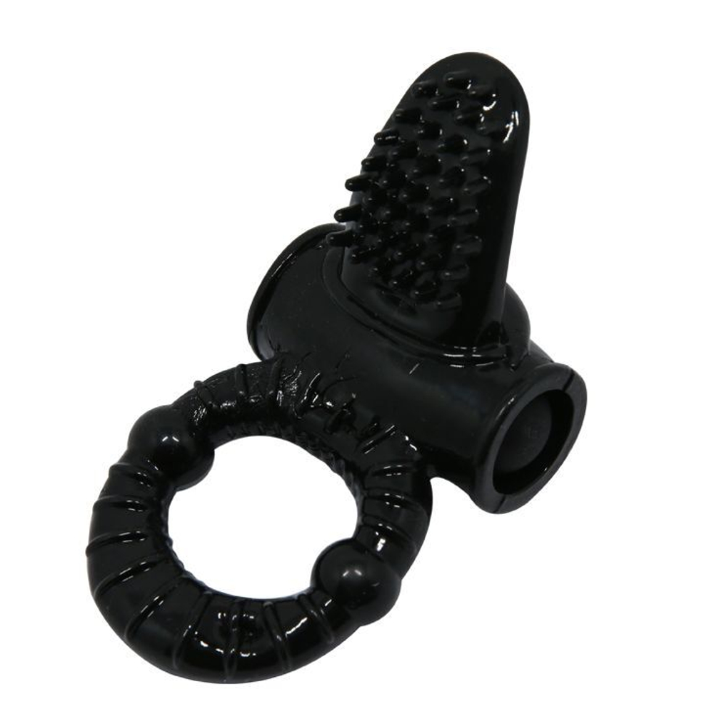 Чёрное эрекционное кольцо с вибрацией и щеточкой для клитора (Цвет: черный)