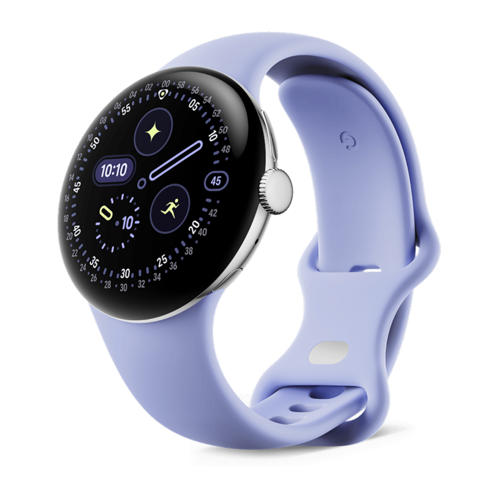 Умные часы Google Pixel Watch 4, 41 мм, Wi-Fi + LTE, ремешок цвета «голубой ирис» Полированный серебристый корпус из переработанного алюминия, ремешок из фторэластомера с покрытием «софт-тач» и застёжкой pin-and-tuck — на запястье обхватом 130–210 мм